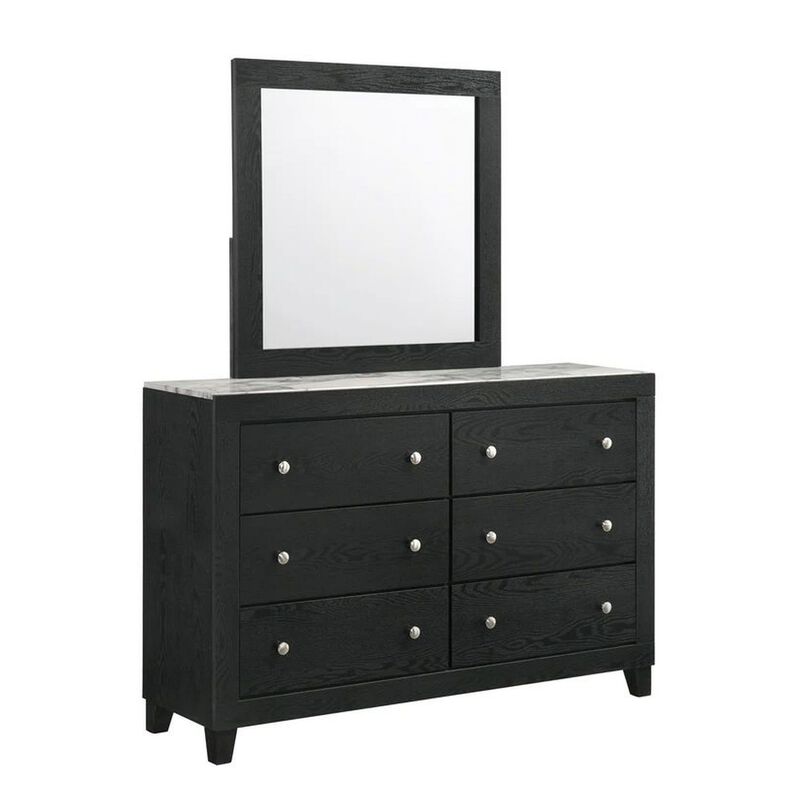 Benjara YOH 57 Inch Wide Dresser with Mirror, 6 Drawers, Round Handles, Wood, Black and Silver