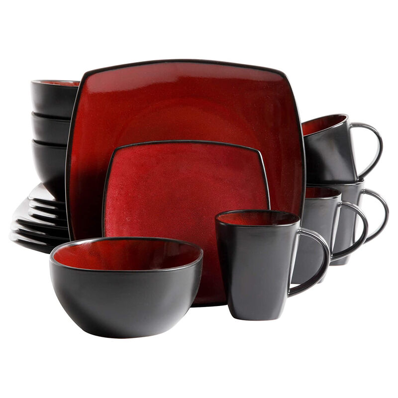 Gibson Soho Lounge 16 Piece Square Stoneware Dinnerware Set in Red and Black