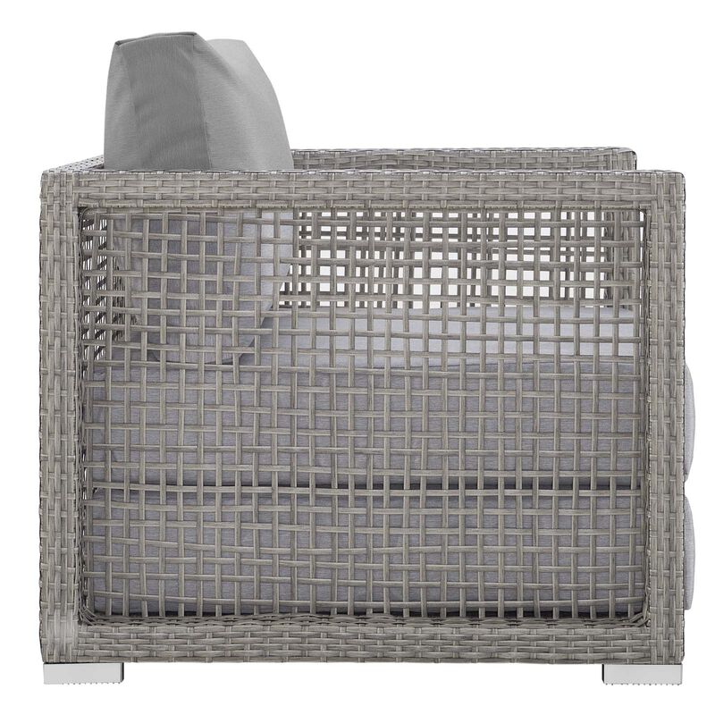 Aura Outdoor Patio Collection - Gray Gray Wicker Rattan Set with Aluminum Frame. Includes Side Table & 2 Armchairs. All-Weather Cushions for Maximum Comfort & Durability. Perfect for Casual Conversations & Unforgettable Moments.