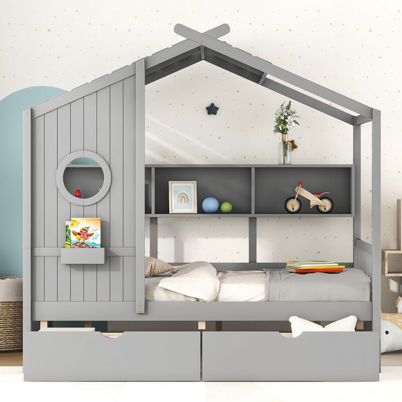 Merax Solid Wood House Bed with 2 Storage Drawers