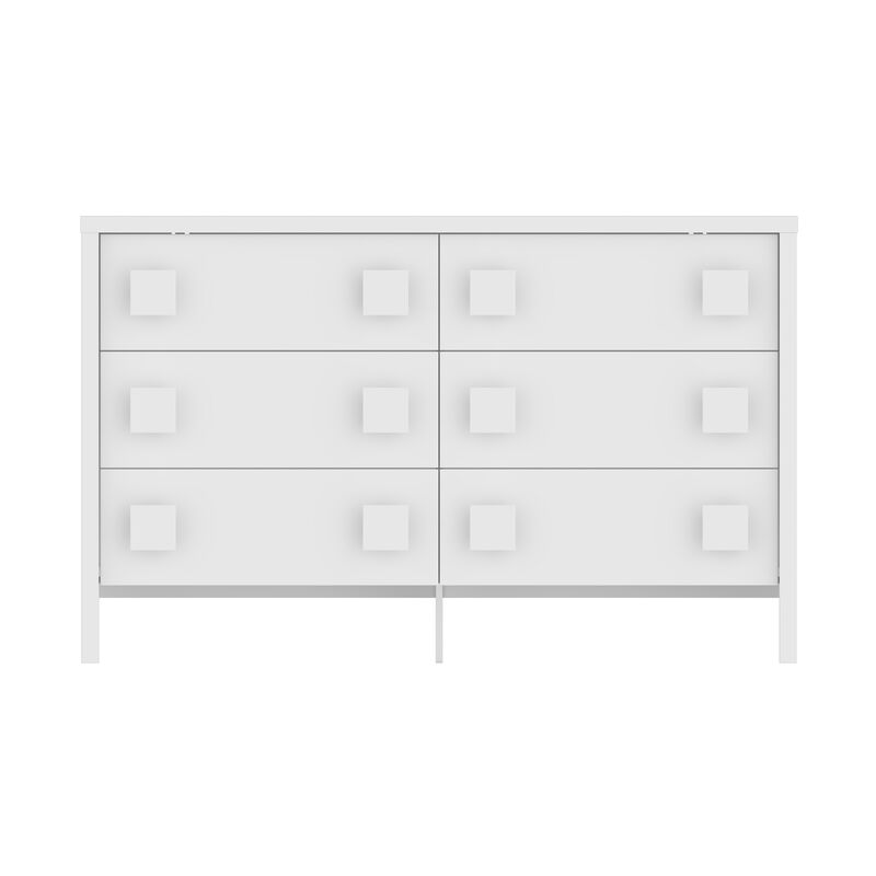 63" Double Dresser with 6 Large Drawers & Square Handles, Chest of Drawers with Slide Rails, Modern Wooden Storage Tower for Bedroom Living Room, White