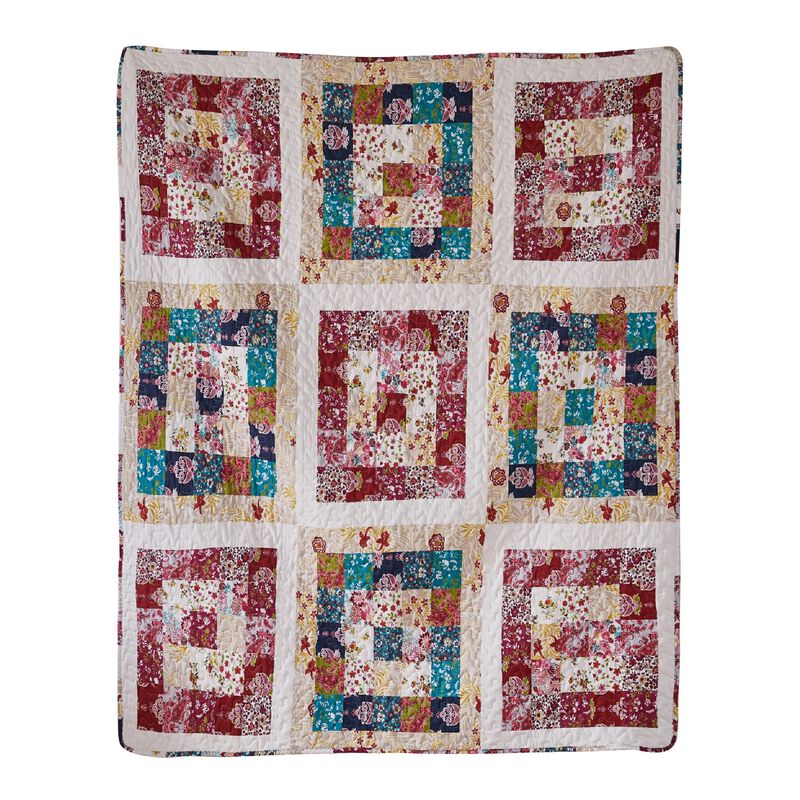 Zay 60 Inch Throw Blanket, Patchwork Floral Print, Teal Blue Microfiber-Benzara