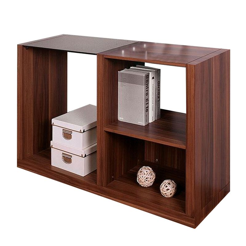 Bere 47 Inch Sofa Table with Black Glass Top, Open Shelves, Brown Wood - Benzara