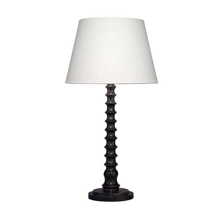 Dio 31 Inch Table Lamp, White Slub Drum Shade, Black Turned Wood Base - Benzara