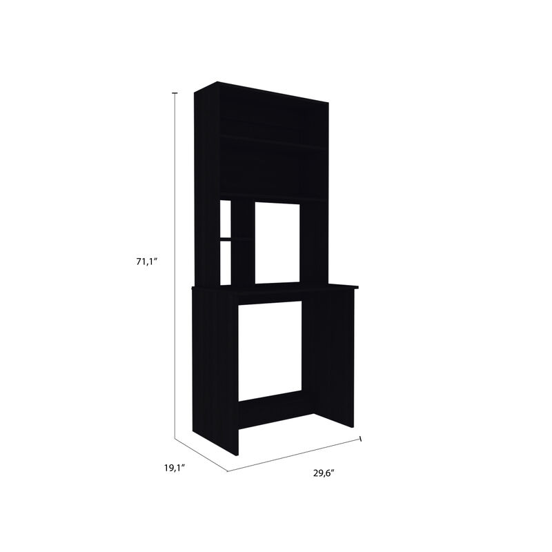 Compu Hutch Desk, Four Shelves, Writing Desk, One Lower Shelf - Black