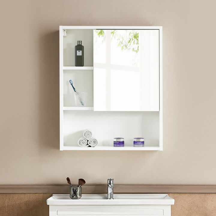 Wall Mount Bathroom Mirrored Storage Cabinet with Open Shelf | 2 Adjustable Shelves Medicine Organizer Storage Furniture for Bathrooms, Kitchens, and Laundry Room (White)