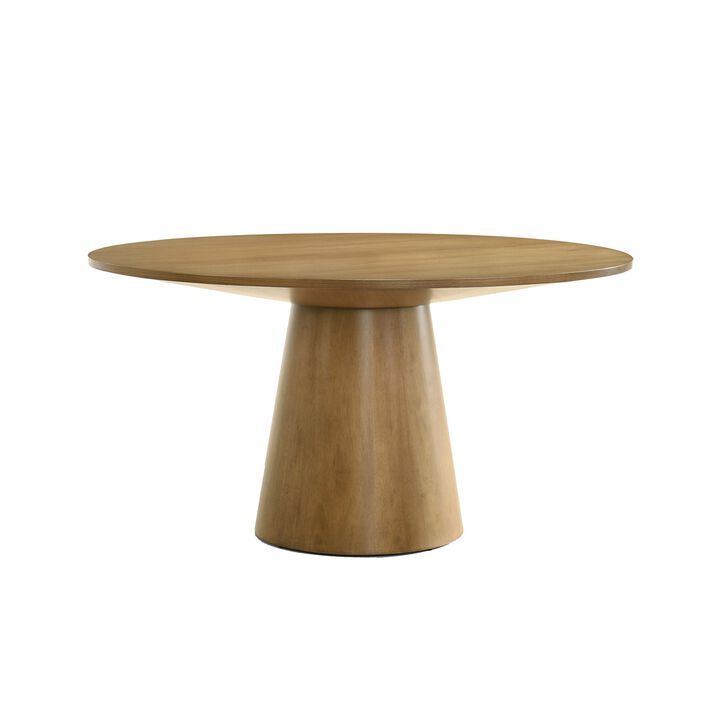 Yuvi 47 Inch Dining Table, Round Tabletop, Pedestal Base, Brown Finish - Benzara