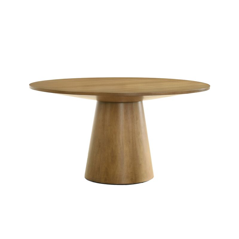 Yuvi 47 Inch Dining Table, Round Tabletop, Pedestal Base, Brown Finish - Benzara