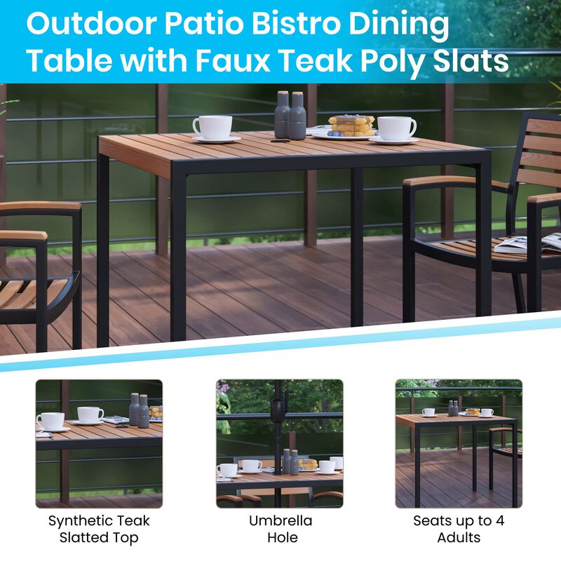 Flash Furniture Lark 7 Piece Outdoor Patio Dining Table Set - 4 Synthetic Teak Stackable Chairs with Arms - 35" Square Table - Tan Umbrella with Base
