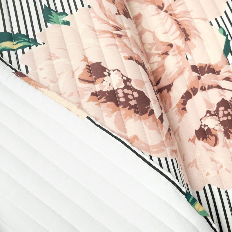 Hivvago King Size Polyester Black White Striped Rose Floral 3 Piece Quilt Set