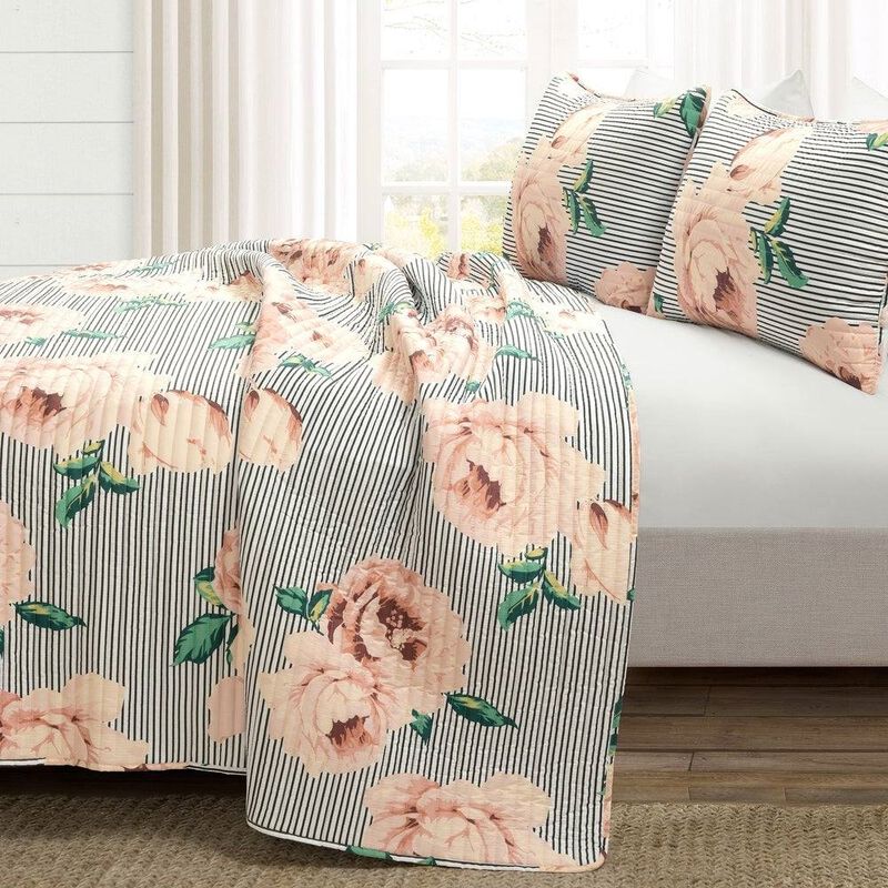 Hivvago King Size Polyester Black White Striped Rose Floral 3 Piece Quilt Set