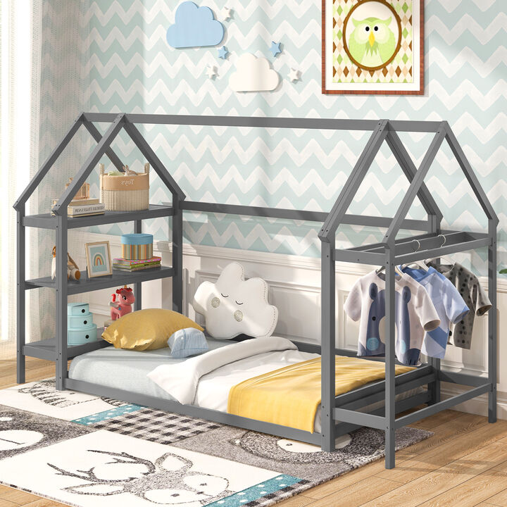 Montessori Floor House Bed with Detachable Storage Shelves