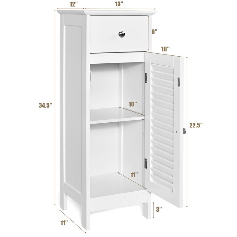 Costway Bathroom Floor Storage Cabinet Side Wooden Organizer w/ Drawer & Shutter Door