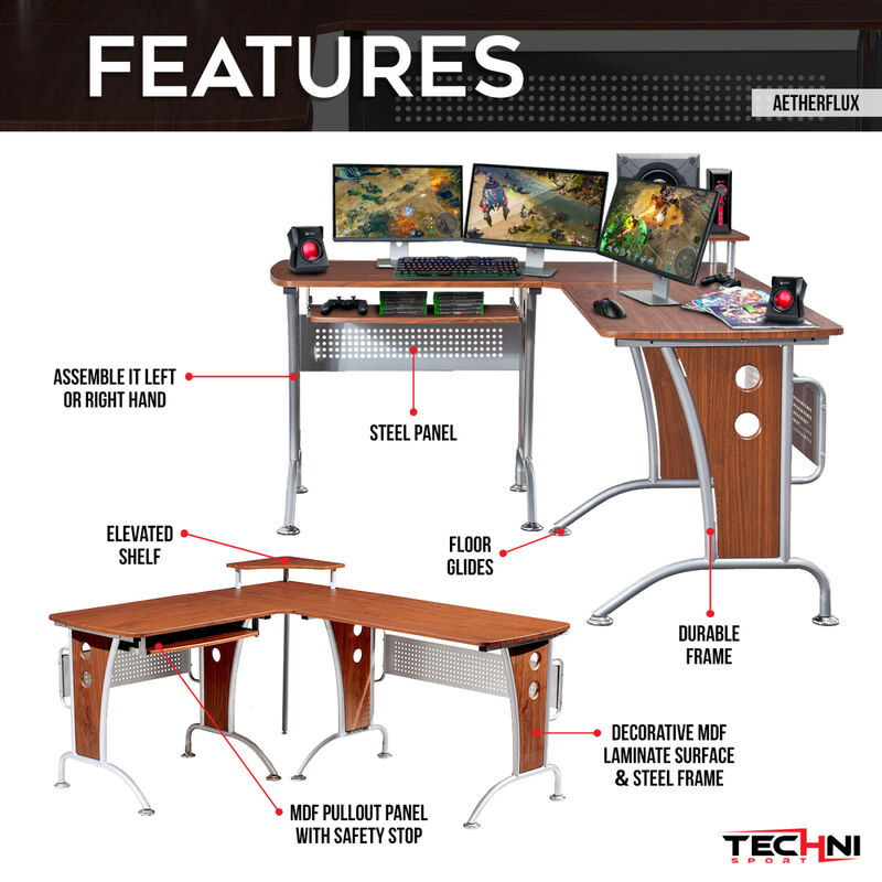 Deluxe L-Shaped Computer Desk With Pull Out Keyboard Panel, Mahogany