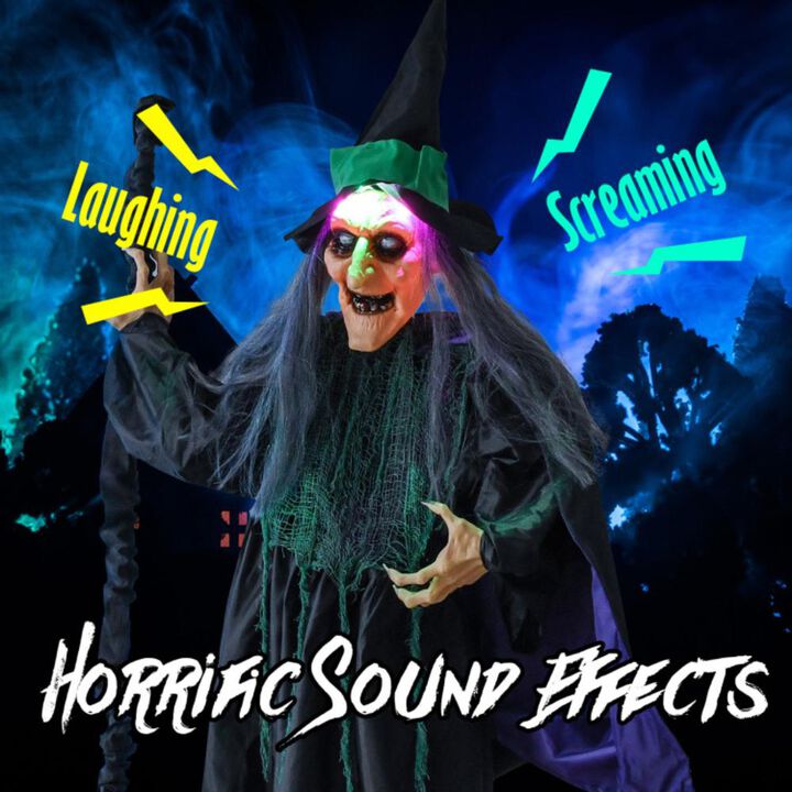Hivvago 7 Feet Witch on Broom Halloween Animatronic with LED Lights