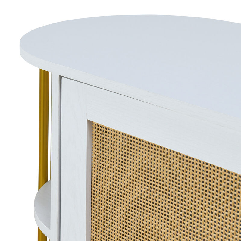 Clihome 2-Door Elegant Curved Dining Cabinet with Gold Trim and Woven Rattan Doors for Dining Room (White)
