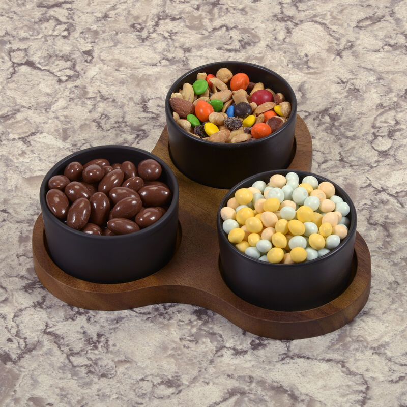 Triangular Serving Set with 3 Black Ceramic Dishes
