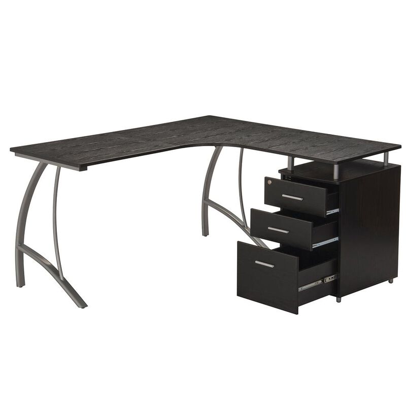 Techni Mobili Modern L- Shaped Computer Desk with File Cabinet and Storage. Color: Espresso