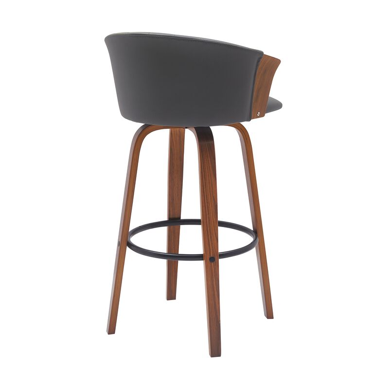 Oja 30 Inch Swivel Barstool Chair, Gray Faux Leather, Curved, Walnut Brown - Benzara