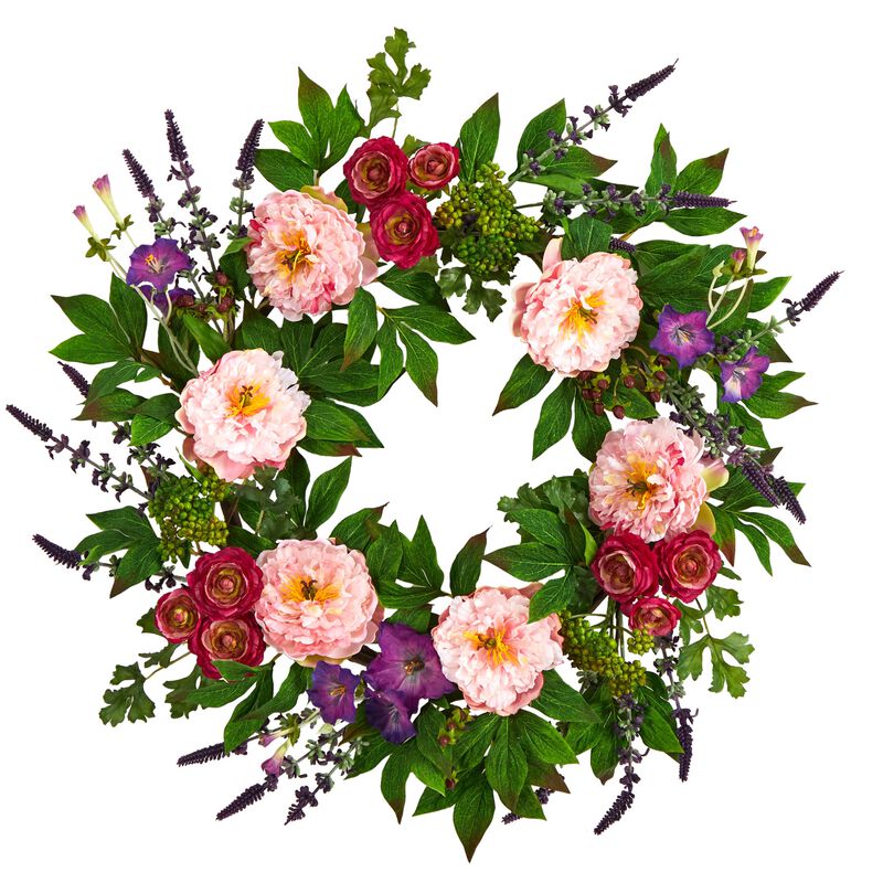 Hivvago 22" Assorted Peony Artificial Wreath
