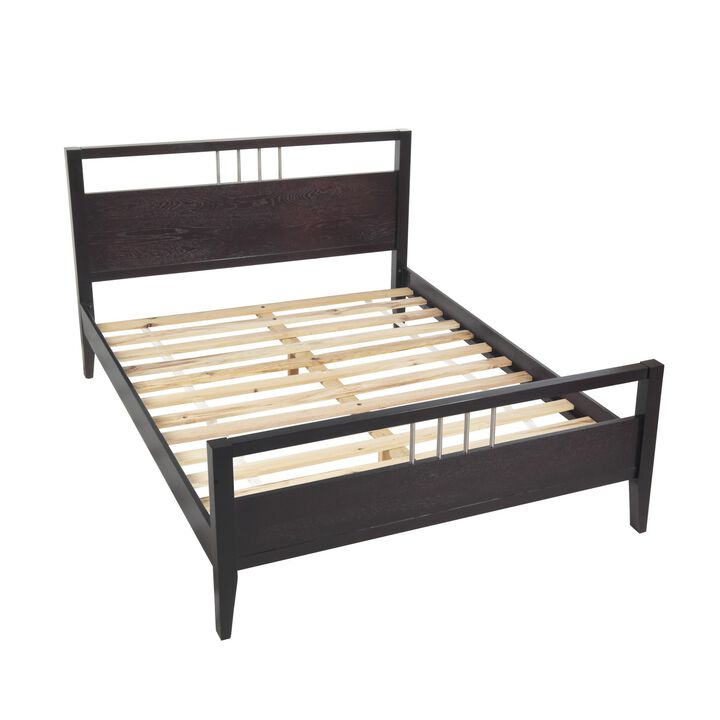 Fang California King Bed, Sleigh Headboard, Metal Bars, Espresso Brown - Benzara