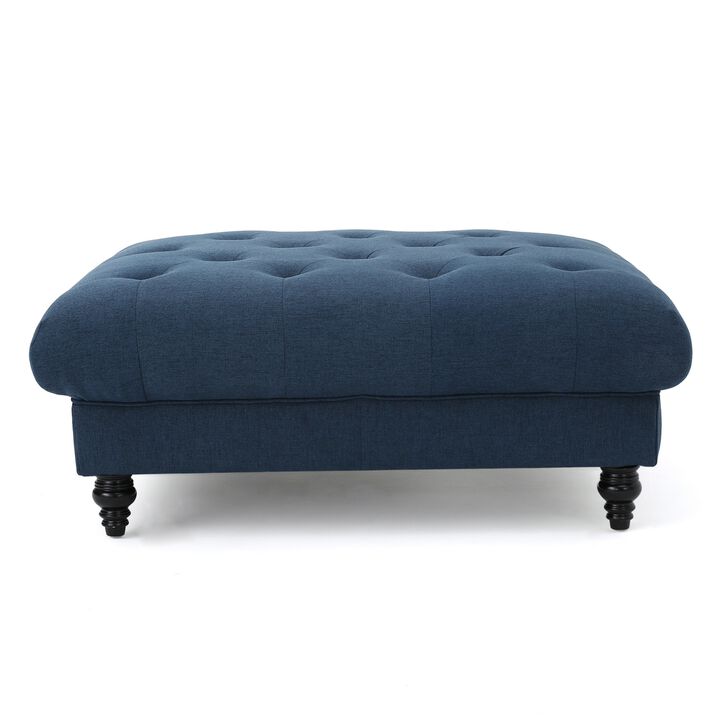 Capri Ottoman, Tufted Navy Blue Fabric, Birch Wood, Square 41 Inch -Benzara