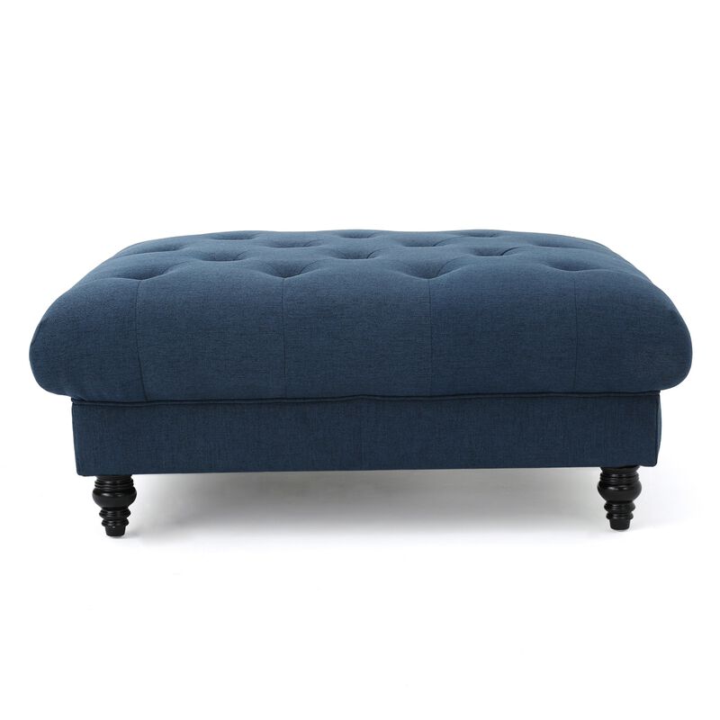 Capri Ottoman, Tufted Navy Blue Fabric, Birch Wood, Square 41 Inch -Benzara
