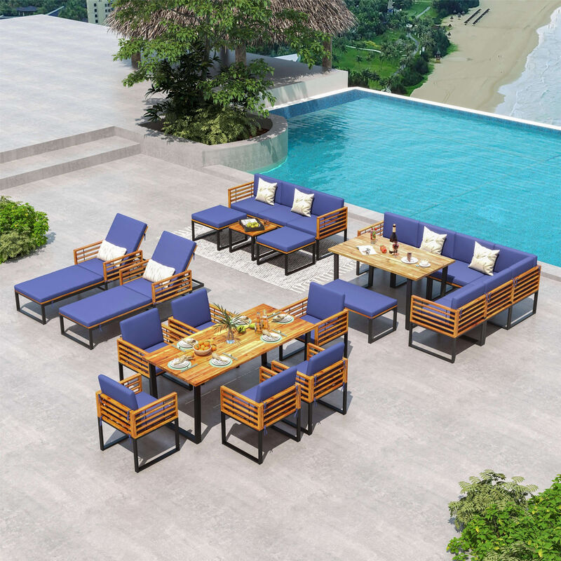8 Pieces Patio Acacia Wood Dining Table Set with Ottoman Cushions-Navy