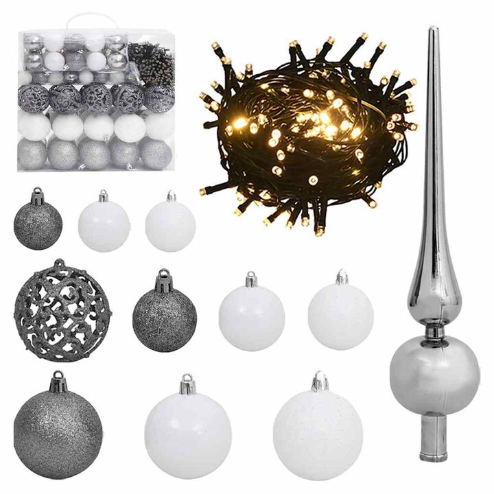 vidaXL 120 Piece Christmas Ball Set with Peak and 300 LEDs White&Gey vidaXL 120 Piece Christmas Ball Set with Peak and 300 LEDs White&Gey