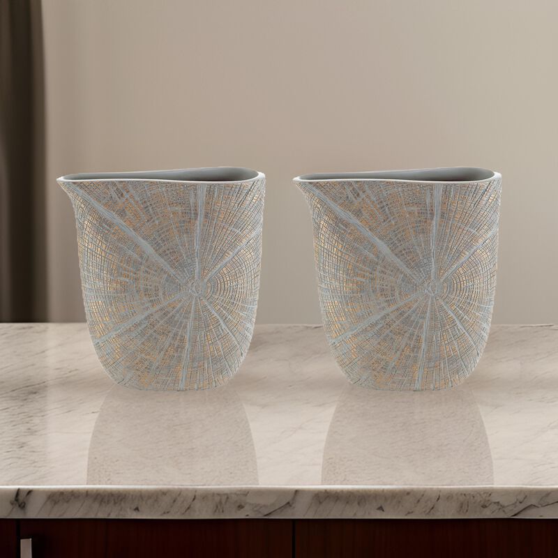 Denver Vase Set of 2, 11 Inch, Starburst Pattern, Antique Gold Polyresin - Benzara