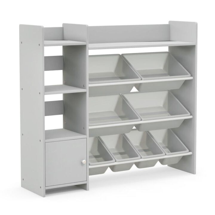 Hivvago 4-Tier Kids Bookshelf and Toy Storage Rack with 8 Toy Organizer Bins-Grey
