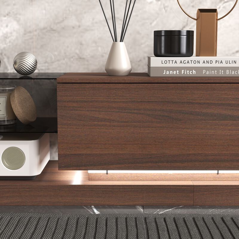FUFU&GAGA Wood Veneer Glass TV Cabinet, MDF with Gray Tempered Glass, LED Strip Design, Modern Minimalist Style, (89.4 " W x 15.7" D x17.3" H), Walnut