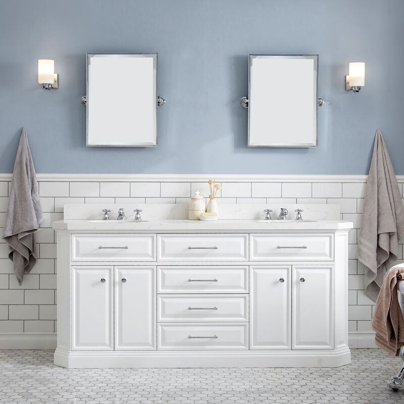 Palace 72 In. Double Sink Carrara Quartz Countertop Bath Vanity in Pure White with Chrome Hardware