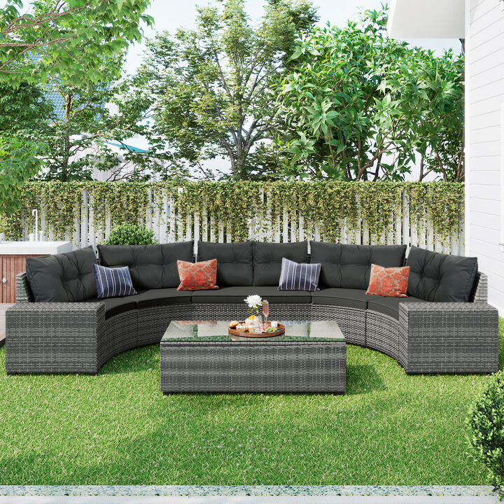 Whisen Outdoor Wicker Round Sofa Set, Half-Moon Sectional Sets All Weather, Curved Sofa Set With Rectangular Coffee Table