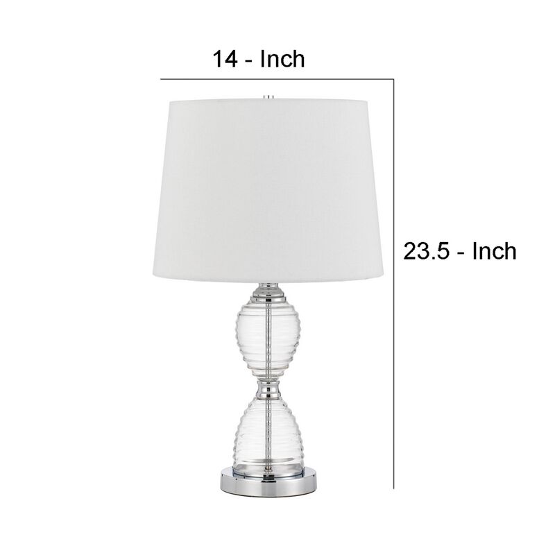 23 Inch Hourglass Ribbed Glass Base Table Lamp, Dimmer, Clear-Benzara