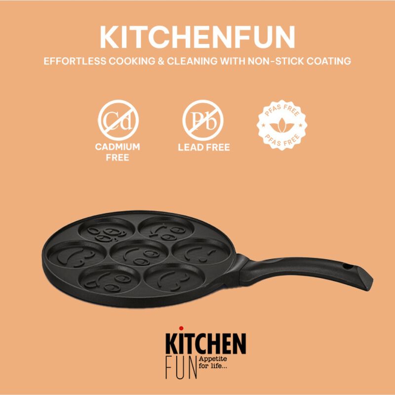 Kitchenfun Blini Nonstick Mini Pancake Maker - Cast Aluminum Non Toxic Crepe Maker, PFAS Free, Non Stick Frying Pans, Cooking Pan Set for 7 Smiley Small Pancakes, Nonstick Pan, Egg Pan, and Flapjacks