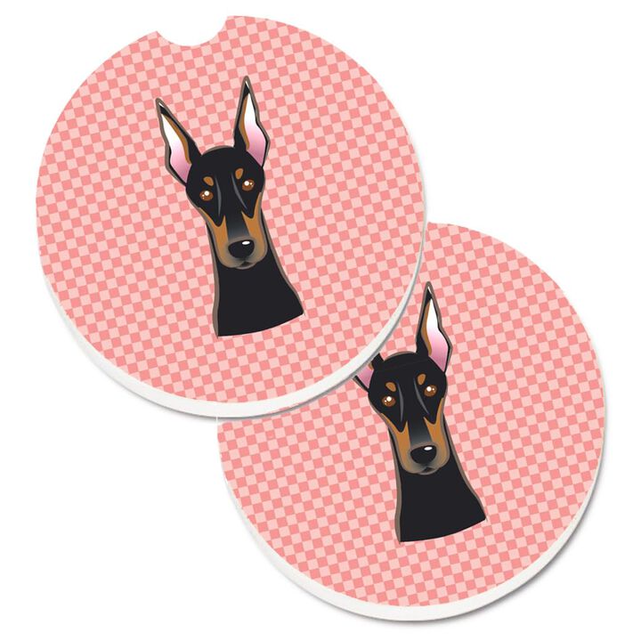 Caroline's Treasures Checkerboard Pink Doberman Set of 2 Cup Holder Car Coasters BB1245CARC, 2.56, Multicolor