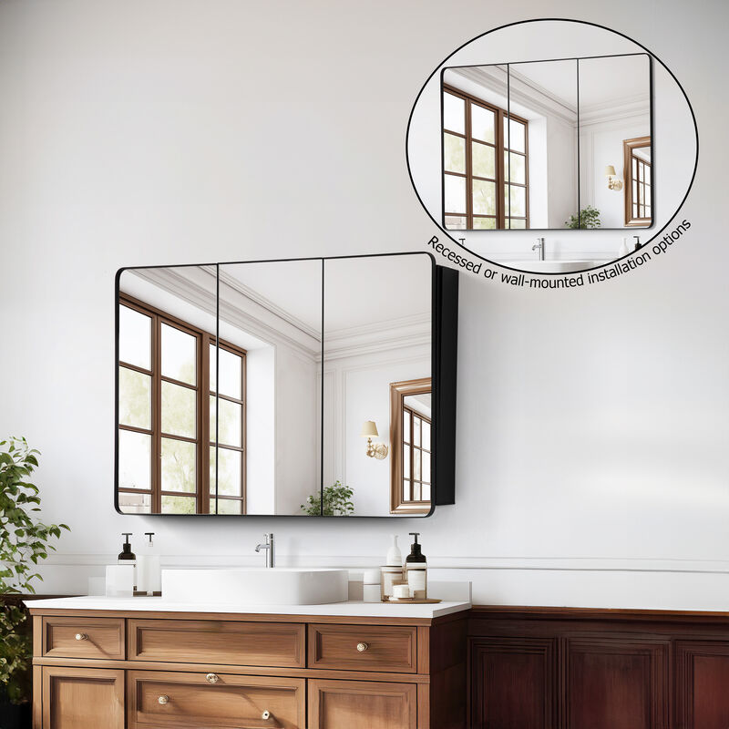 Basicwise 3-Door Aluminum Bathroom Medicine Cabinet, Round Corner Framed Door - Versatile Recessed Medicine Cabinet or Surface Mount, Mirrored Door Cabinet with Adjustable Glass Shelves, Matte Black