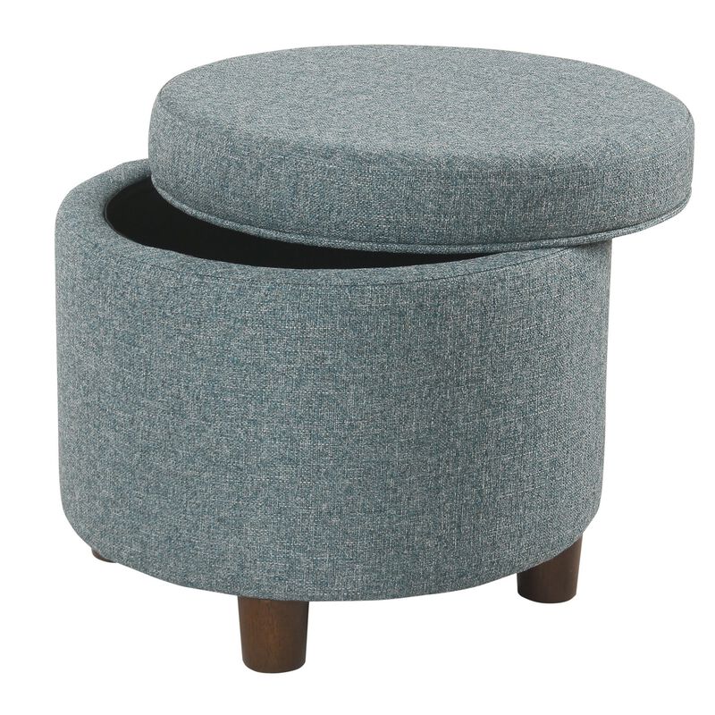 Fabric Upholstered Round Wooden Ottoman with Lift Off Lid Storage, Teal Blue - Benzara