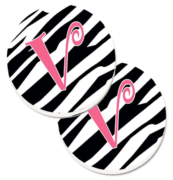 Caroline's Treasures Monogram Initial V Zebra Stripe & Pink Set of 2 Cup Holder Car Coasters CJ1037-VCARC, 2.56, Multicolor