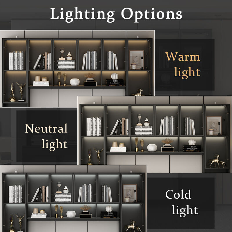 90.6 in. W Black Wood Computer Gaming Desk Home Office Desk, with 82.7 in. H Bookshelf, LED Lights, Drawers, Cabinets