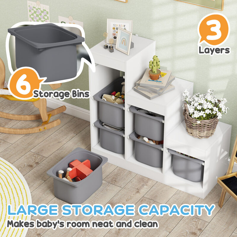 Qaba Kids Toy Storage Organizer w/ 3 Layers & 6 Storage Bins, Gray