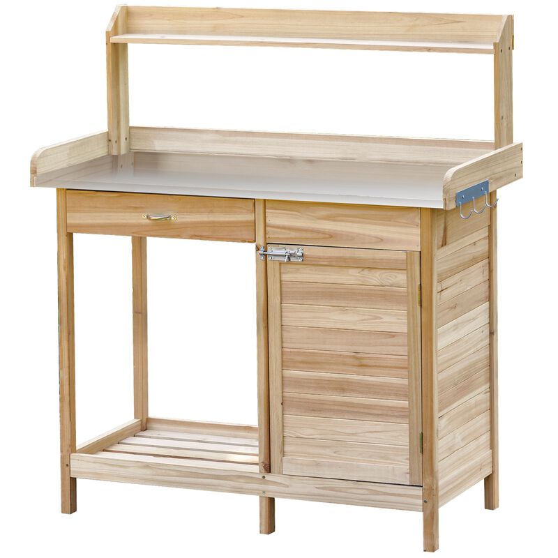 Natural Wood Garden Station: Potting Bench with Storage and Steel Top