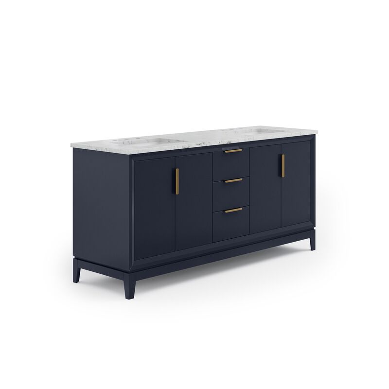 Elizabeth 72 In. Double Sink Carrara White Marble Countertop Bath Vanity In Monarch Blue with Satin Gold Hardware