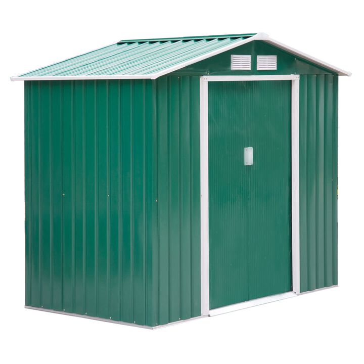 Green Garden Storage: 7'x4' Steel Shed with Sliding Doors & Vents Green Garden Storage: 7'x4' Steel Shed with Sliding Doors & Vents