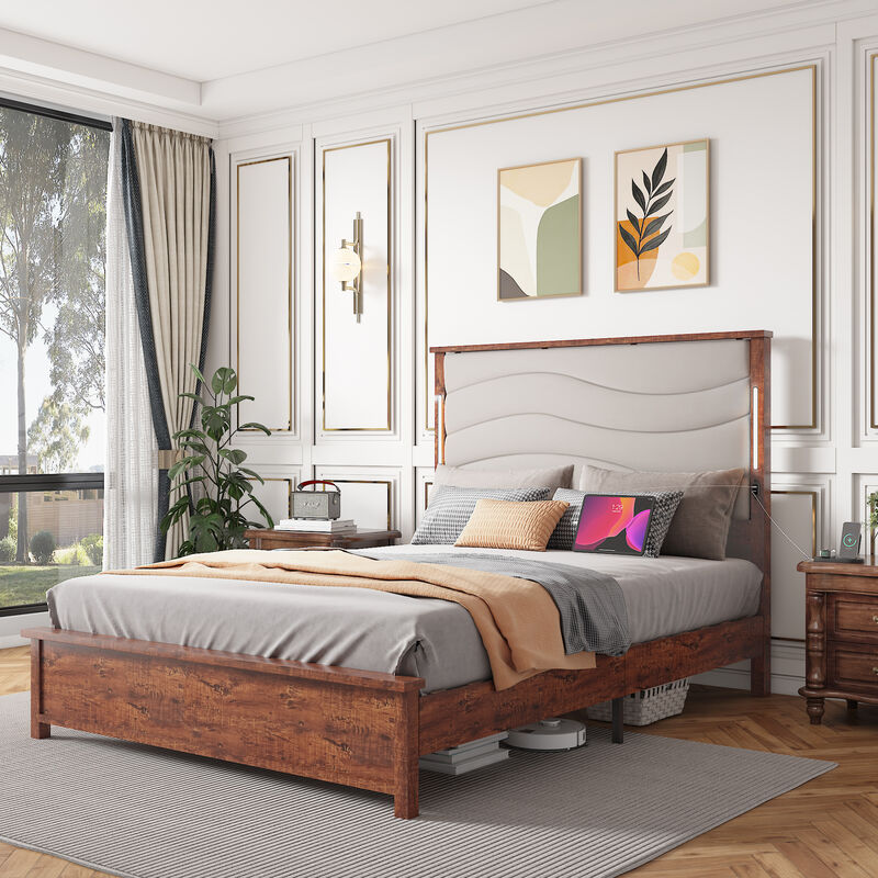 Bed Frame with Upholstered Headboard, Bed Frame with Charging Station and LED Lights, Wood Slats, Beige Linen, No Box Spring Needed, Easy Assembly