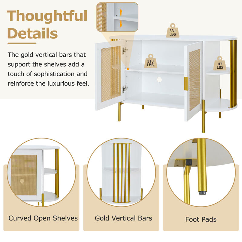 Clihome 2-Door Elegant Curved Dining Cabinet with Gold Trim and Woven Rattan Doors for Dining Room (White)