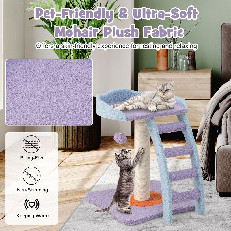 19 Inch Mohair Plush Cat Tree with Ladder and Jingling Ball-Purple