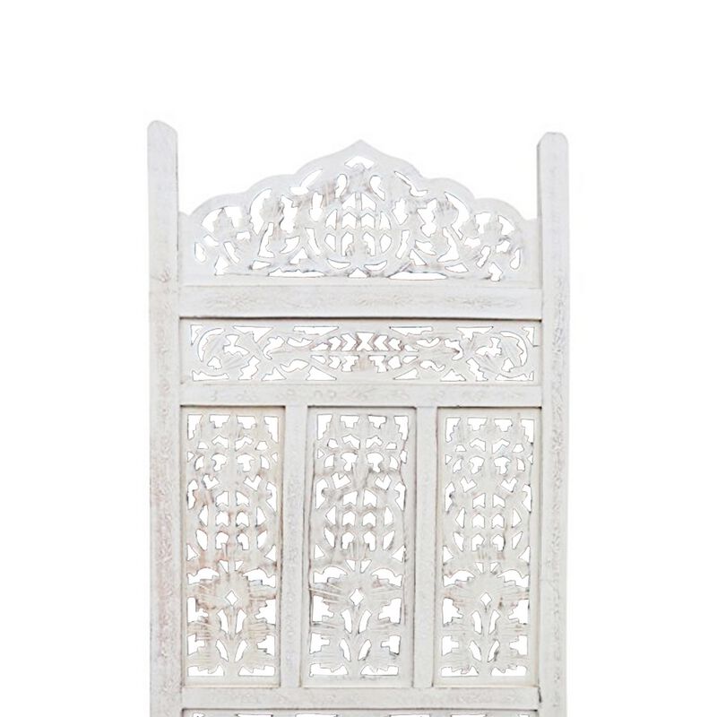Aesthetically Carved 4 Panel Wooden Partition Screen/Room Divider, Distressed White-Benzara