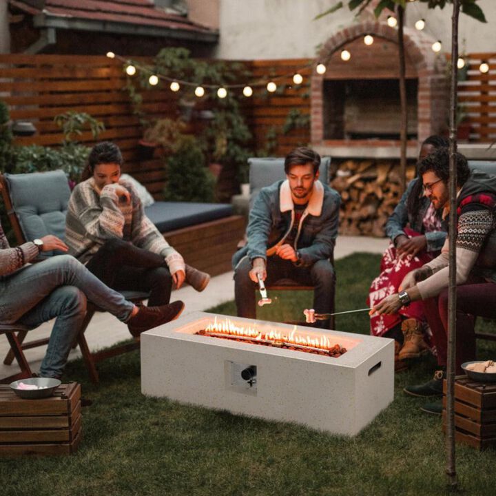 Hivvago 42 Inch 50 000 BTU Rectangle Terrazzo Fire Pit Table with PVC Cover-White